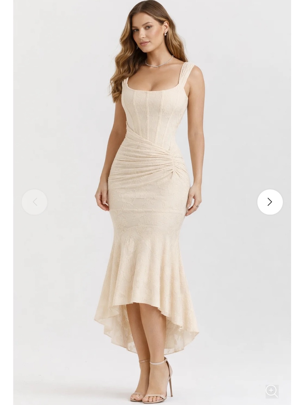 Sleeveless Cream High-Low Ruched Lace Midi Dress